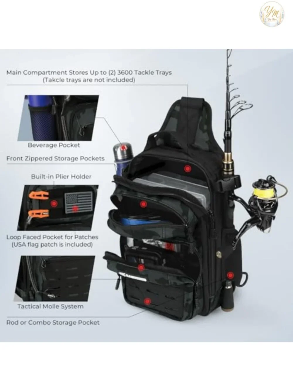 Tactical Fishing Sling Backpack with Rod Holder, Molle System, Water Resistant